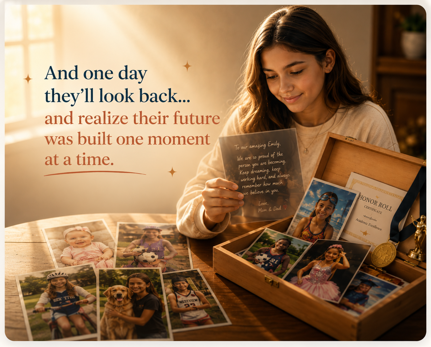 A teen opening a wooden keepsake box filled with childhood photos, certificates, and medals