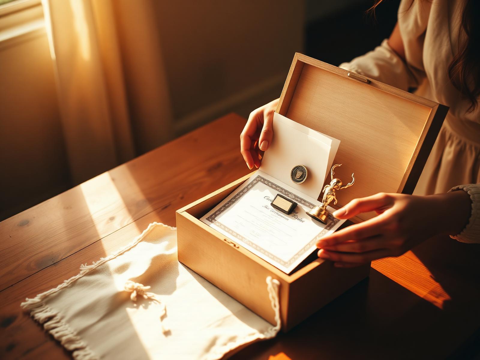 A parent placing a certificate into a keepsake box
